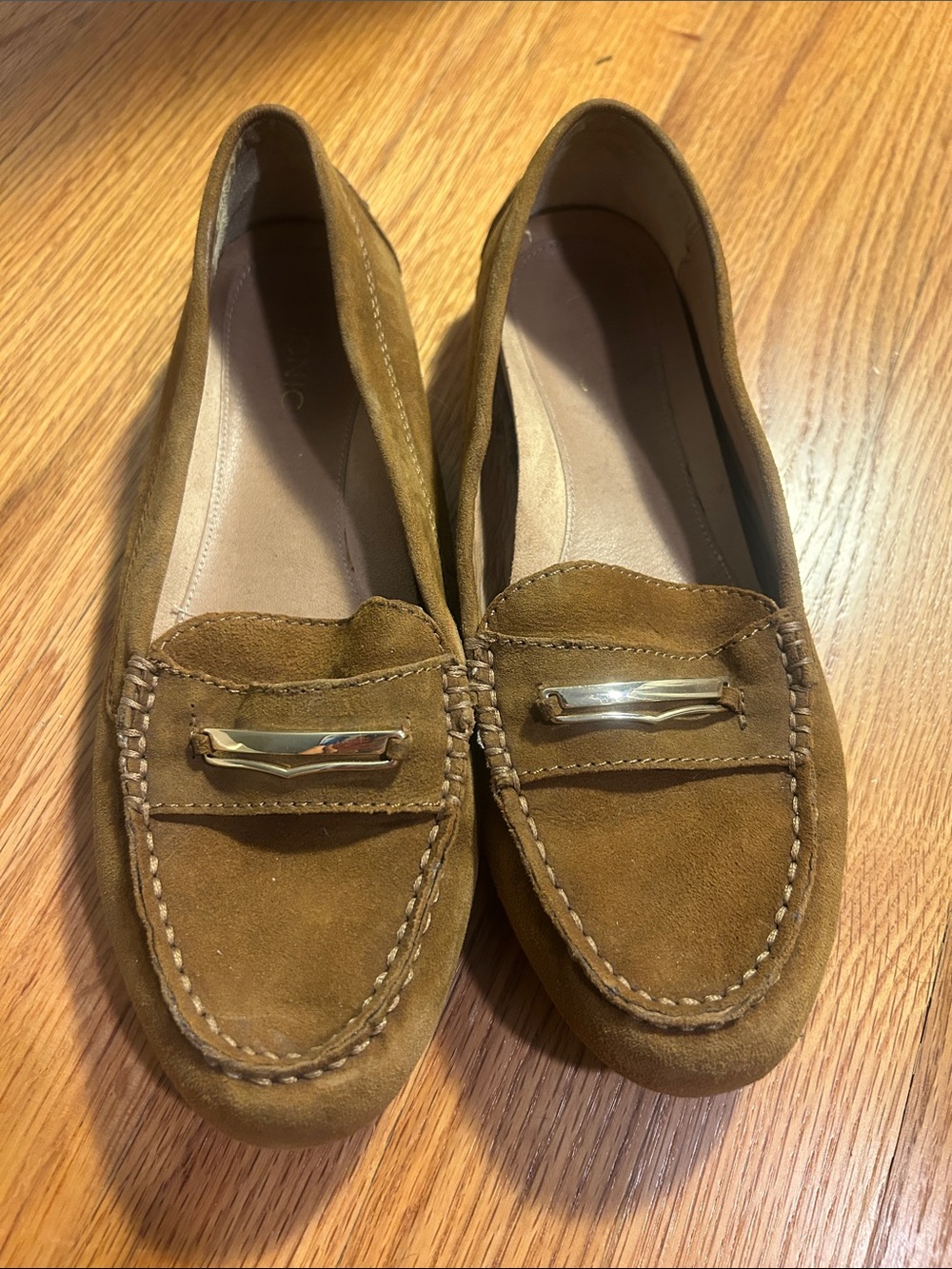 Vionic Suede Penny Loafers in Camel with Gold Accent